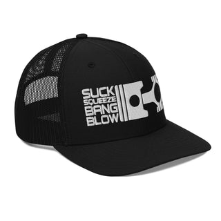 Suck Squeeze Bang Blow Embroidered Meshback Trucker Cap
