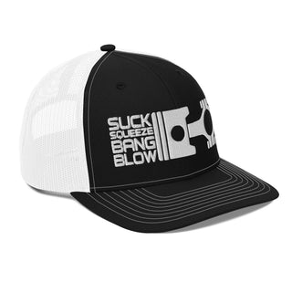 Suck Squeeze Bang Blow Embroidered Meshback Trucker Cap