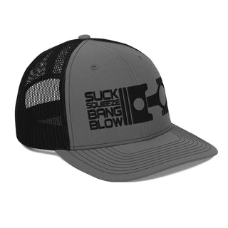 Suck Squeeze Bang Blow Embroidered Meshback Trucker Cap