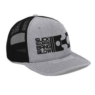 Suck Squeeze Bang Blow Embroidered Meshback Trucker Cap