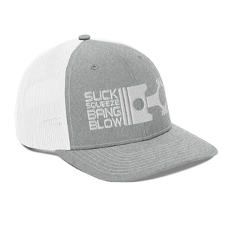 Suck Squeeze Bang Blow Embroidered Meshback Trucker Cap