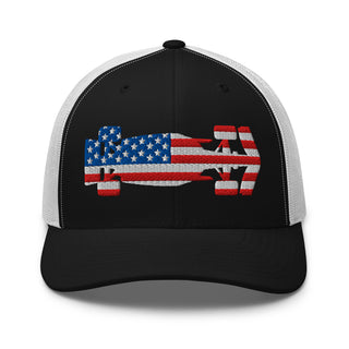Front view of a black and white snapback trucker cap embroidered with a USA flag formula racing car