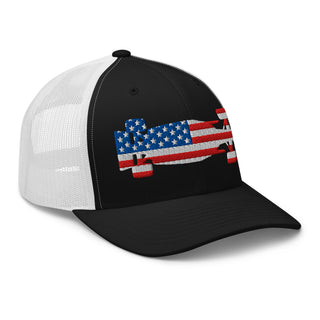 Front-right view of a black and white snapback trucker cap embroidered with a USA flag formula racing car