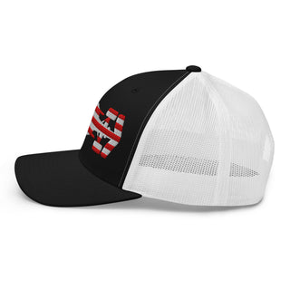 Left-side view of a black and white snapback trucker cap embroidered with a USA flag formula racing car