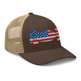 Front-right view of a brown and khaki snapback trucker cap embroidered with a USA flag formula racing car