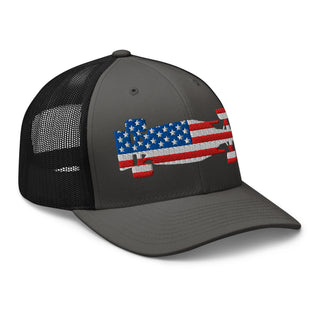 Front-right view of a charcoal and black snapback trucker cap embroidered with a USA flag formula racing car