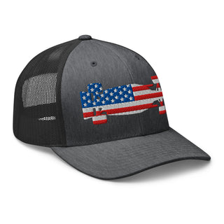 Front-right view of a dark heather gray snapback trucker cap embroidered with a USA flag formula racing car