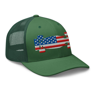 Front-right view of a green snapback trucker cap embroidered with a USA flag formula racing car