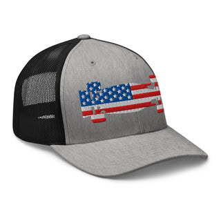 Front-right view of a heather gray and black snapback trucker cap embroidered with a USA flag formula racing car
