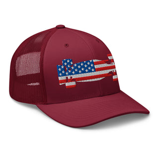 Front-right view of a maroon snapback trucker cap embroidered with a USA flag formula racing car