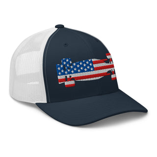 Front-right view of a navy and white snapback trucker cap embroidered with a USA flag formula racing car
