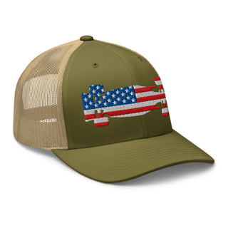 Front-right view of an olive and khaki snapback trucker cap embroidered with a USA flag formula racing car