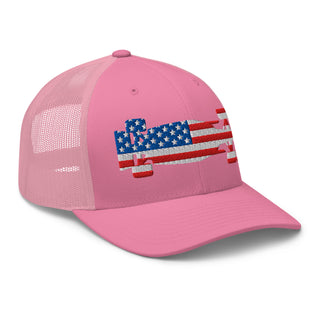 Front-right view of a pink snapback trucker cap embroidered with a USA flag formula racing car