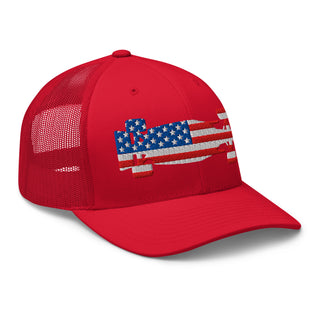 Front-right view of a red snapback trucker cap embroidered with a USA flag formula racing car