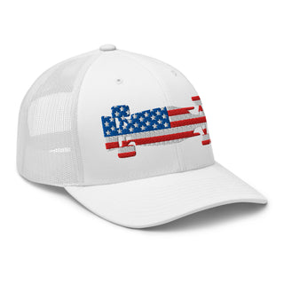 Front-right view of a white snapback trucker cap embroidered with a USA flag formula racing car