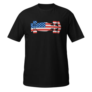 Black unisex T-shirt featuring a USA flag Formula racing car graphic on the front.