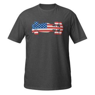 Heather charcoal unisex T-shirt featuring a USA flag Formula racing car graphic on the front.
