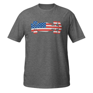 Heather gray unisex T-shirt featuring a USA flag Formula racing car graphic on the front.