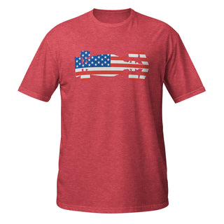Heather red unisex T-shirt featuring a USA flag Formula racing car graphic on the front.
