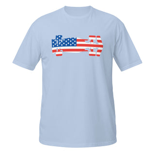 Light blue unisex T-shirt featuring a USA flag Formula racing car graphic on the front.