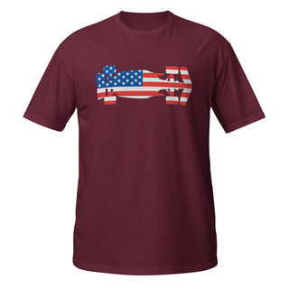 Maroon unisex T-shirt featuring a USA flag Formula racing car graphic on the front.