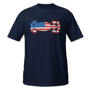 Navy unisex T-shirt featuring a USA flag Formula racing car graphic on the front.
