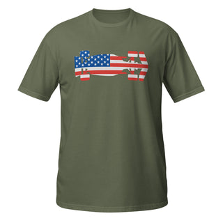 Olive green unisex T-shirt featuring a USA flag Formula racing car graphic on the front.