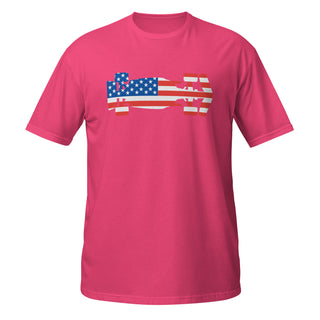Pink unisex T-shirt featuring a USA flag Formula racing car graphic on the front.
