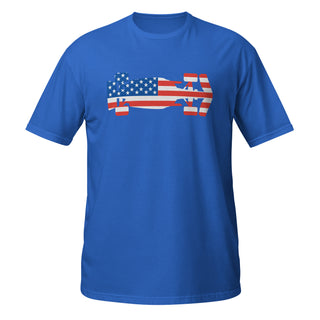 Royal blue unisex T-shirt featuring a USA flag Formula racing car graphic on the front.