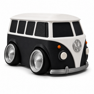 Black and white Volkswagen T1 Bus tooned 3D printed desk model shown from the front three-quarter view on a white background.