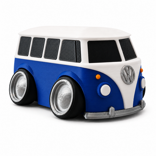 Blue and white Volkswagen T1 Bus tooned 3D printed desk model shown from the front three-quarter view on a white background.
