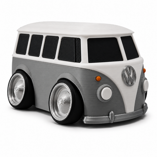 Gray and white Volkswagen T1 Bus tooned 3D printed desk model shown from the front three-quarter view on a white background.