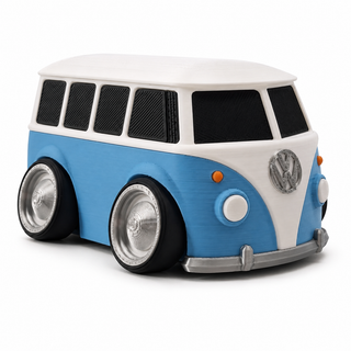 Light blue and white Volkswagen T1 Bus tooned 3D printed desk model shown from the front three-quarter view on a white background.
