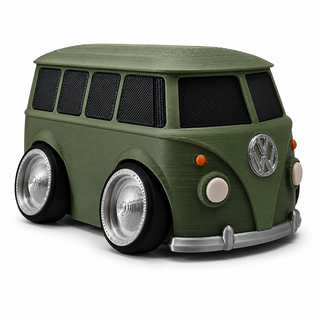 Olive Volkswagen T1 Bus tooned 3D printed desk model shown from the front three-quarter view on a white background.