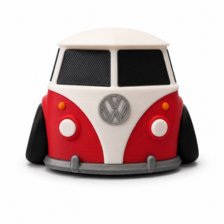 Front view of a red and white Volkswagen T1 Bus tooned 3D printed desk model on a white background.