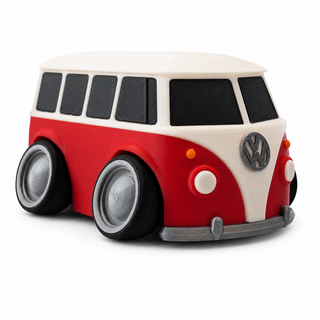 Red and white Volkswagen T1 Bus tooned 3D printed desk model shown from the front three-quarter view on a white background.