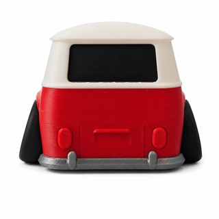 Rear view of a red and white Volkswagen T1 Bus tooned 3D printed desk model on a white background.