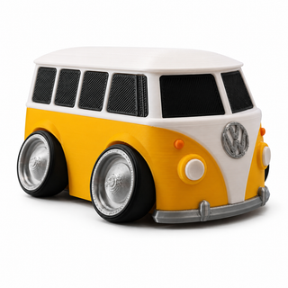 Yellow and white Volkswagen T1 Bus tooned 3D printed desk model shown from the front three-quarter view on a white background.