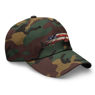 Green camo embroidered dad hat featuring distressed American flag Formula 1 logo — track-ready Geaux Big cap.