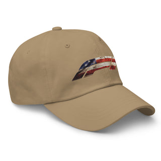 Khaki embroidered dad hat with American flag Formula 1 logo — casual motorsport streetwear from Geaux Big.