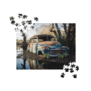 Abandoned Blue Classic Car in the Bayou Jigsaw Puzzle